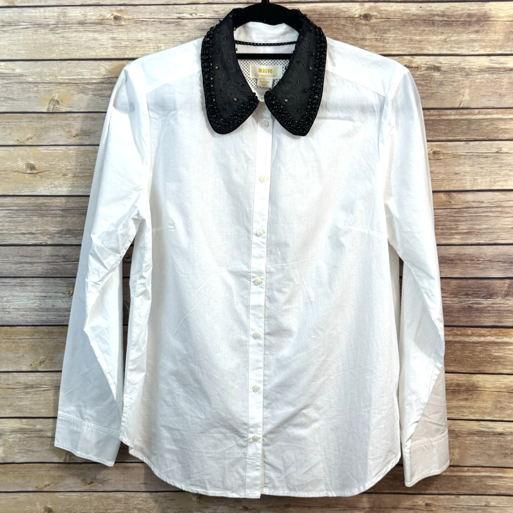 NWT Anthropologie Maeve White Button Up Blouse w/ Bead Embellished Blouse M